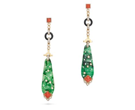 A PAIR OF JADEITE JADE, CORAL, ONYX AND DIAMOND DROP EARRINGS each set with a polished coral suspending a row of round brilli