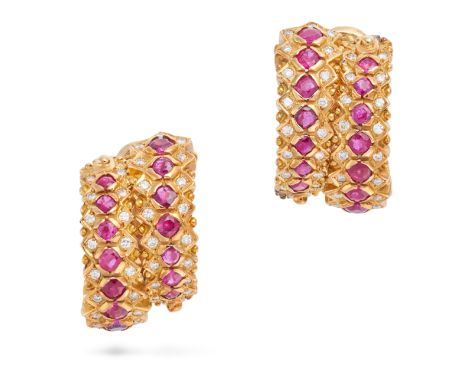 LALAOUNIS, A PAIR OF RUBY AND DIAMOND CLIP EARRINGS each designed as a double half hoop set with rows of round cut rubies and