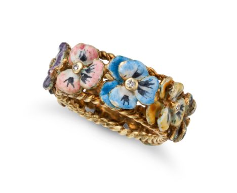 A DIAMOND AND ENAMEL PANSY RING set all around with pansy motifs relieved variously in pink, yellow, blue and purple enamel a