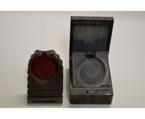 A late 19th century French boulle pocket watch case, the hinged cover revealing an easel back watch stand, 8.5 x 7cm; togethe