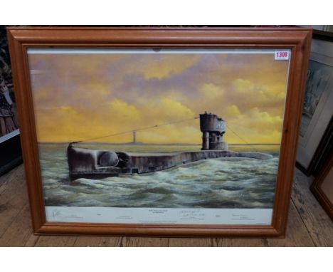 After John Pettitt, 'HM Submarine H28', pencil signed by naval officers, colour print, 45 x 60cm. 