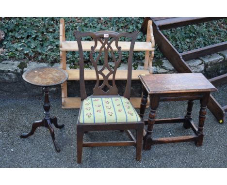A pine hanging wall shelf; together with a joint stool; tripod table and a chair.Collection of this lot is strictly by appoin