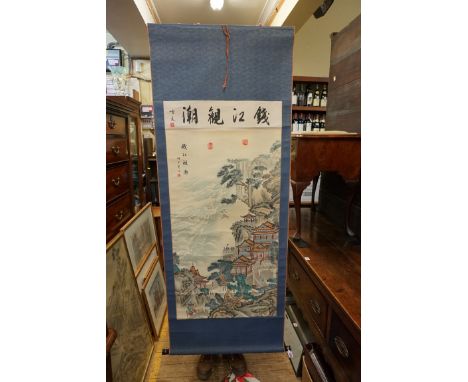 A Chinese watercolour scroll of figures in an extensive landscape,&nbsp;signed, the image 106 x 58cm. 