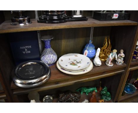 A mixed lot,&nbsp;to include two enamel vases, largest 18.5cm high; two Herend porcelain plates; a Royal Copenhagen bird; a p