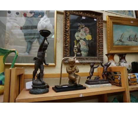 A Spelter figural table lamp,&nbsp;on green marble base, total height 45.5cm; together with two others.&nbsp; 