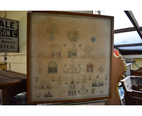 A large 19th century needlework pictorial sampler,&nbsp;66 x 65cm, (possibly unfinished). 