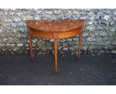 A good late Victorian satinwood and inlaid demi-lune card table,&nbsp;in the manner of Edwards &amp; Roberts, 92.5cm wide. 