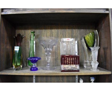 A small collection of clear and coloured art glass vases,&nbsp;largest 30.5cm high. (9) 