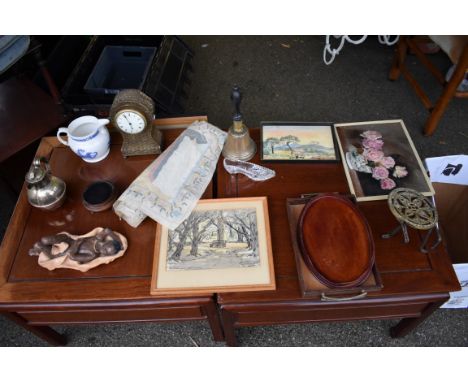 A mixed lot; to include: a mantel clock, trivet, two paintings and other items.Collection of this lot is strictly by appointm