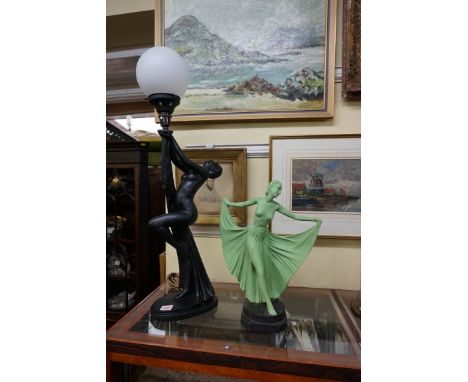 An Art Deco style black painted figural table lamp,&nbsp;total height 75.5cm;&nbsp;together with another Art Deco style paint