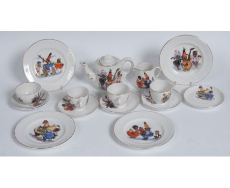 A child's nursery tea service, each printed with comical black figures, comprising teapot and cover, milk jug, sugar bowl, fo