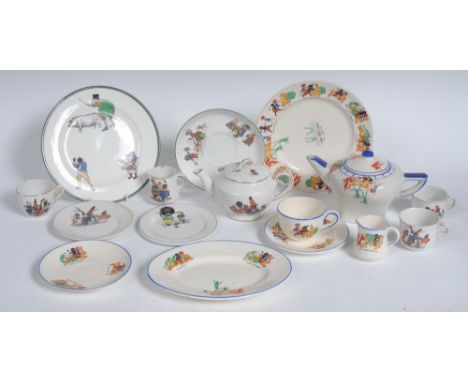 A Coronaware child's nursery tea service, each printed with black boy, white girl, squirrel and frogs riding a rabbit, blue b