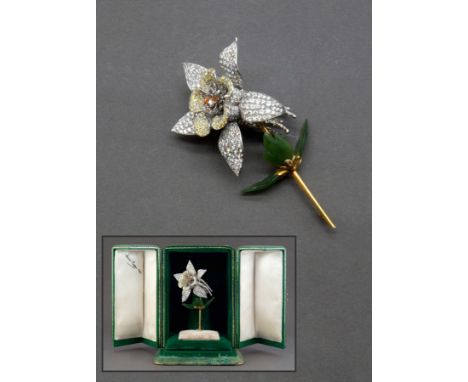 THE PROPERTY OF THE ACTRESS, THE LATE DINAH SHERIDAN (1920-2012) A UNIQUE DIAMOND BROOCH formed as a columbine, the petals se
