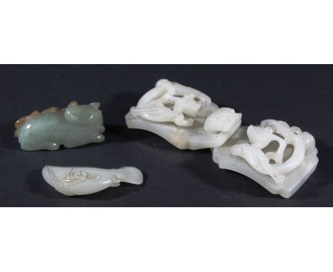CHINESE WHITE JADE TWO SECTION BELT BUCKLE, each section carved with a chilong, overall length 13cm; together with a Chinese 