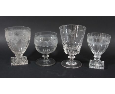 GROUP OF FOUR RUMMERS OR GOBLETS, late 18th century and later, including one with a lemon squeezer base, 16cm and smaller (4)