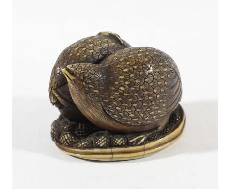 JAPANESE IVORY NETSUKE OF A PAIR OF QUAILS, 19th century, two character signature, length 4.5cm