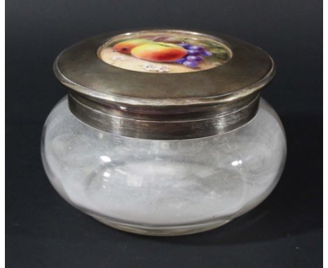 ROYAL WORCESTER MOUNTED GLASS AND SILVER POWDER JAR, the plaque with a date code for 1912, signed Ruholt, painted with fruit,