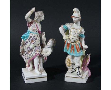 MARS AND VENUS WITH CUPID, a pair of Derby figures, late 18th century, with patch marks, on gilt lined, square bases, incised