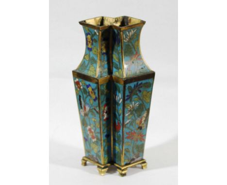 CHINESE CLOISONNE DOUBLE VASE, perhaps Qianlong, the two interlocking square section vases decorated with butterflies amongst