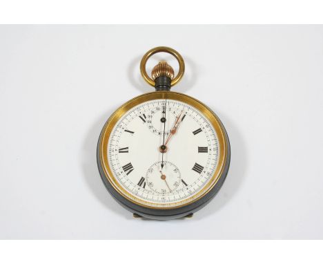 A GUN METAL OPEN FACED CHRONOGRAPH STOP WATCH the white enamel dial with Roman numerals, and subsidiary dials, 45mm. dia. In 