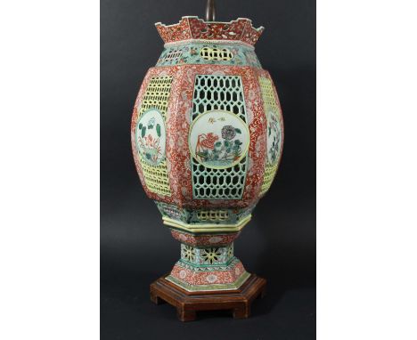 CHINESE FAMILLE VERTE RETICULATED VASE OR LAMP BASE, the hexagonal, ovoid body with  foliate roundels on pierced ground, the 