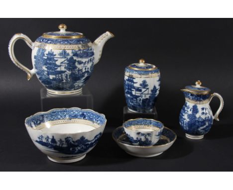 CAUGHLEY OR SALOPIAN PART TEA AND COFFEE SERVICE, late 18th century, blue transfer printed in the Pagoda pattern beneath gilt