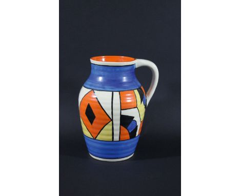 CLARICE CLIFF LOTUS JUG - FANTASQUE with an abstract design around the centre of the jug, with blue bands of colour to the to