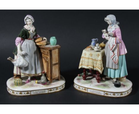 LA POURVOYEUSE AND LA MENAGERE, PAIR OF PARIS PORCELAIN GROUPS, 19th century, of women at domestic duties, blue crossed arrow
