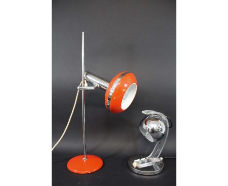 RETRO TABLE LAMP a circa 1970's retro metal and chrome lamp of adjustable height, the shade and base with orange colour finis