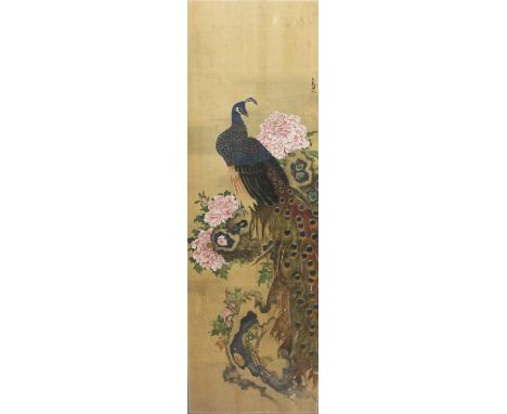 PAIR OF CHINESE SCROLL PAINTINGS OF PEACOCKS, probably 19th century but perhaps earlier, standing amongst chrysanthemum flowe