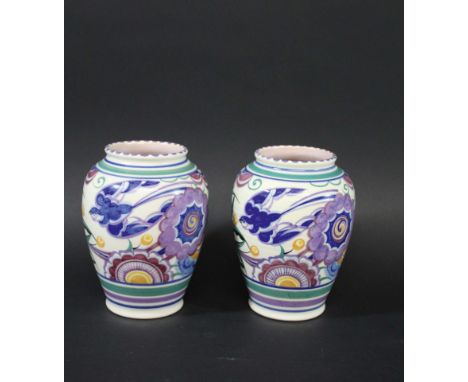 PAIR OF POOLE POTTERY VASES shape number 442 and painted with Birds and stylised flowers and foliage (Bluebird design). Impre