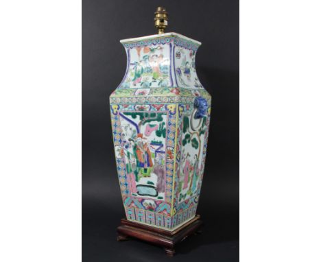 CHINESE FAMILLE ROSE VASE, of shouldered square section, enamelled with figural panels between lion head and hoop handles, ru