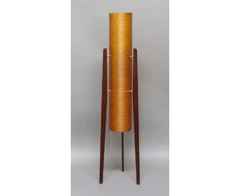 RETRO ROCKET LAMP a mid 20thc lamp with a cylindrical spun fibreglass shade, mounted on slender teak legs. Probably made by N