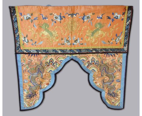 CHINESE SILK WALL HANGING OR DOOR SURROUND, 19th century, the upper panel worked in gilt thread with dragons and silk flowers