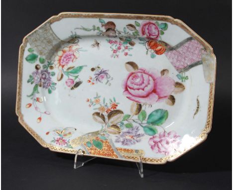 CHINESE FAMILLE ROSE DISH, probably late 18th century, painted and gilded with flowers, fruit and scroll, length 29cm