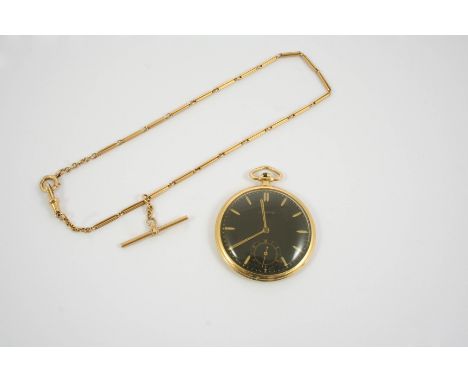 AN 18CT. GOLD OPEN FACED POCKET WATCH BY MOVADO the signed black dial with dagger numerals and subsidiary seconds dial, numbe