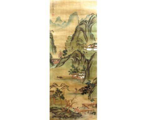 TWO CHINESE SCROLL PAINTINGS, 19th and 20th century, to include a mountain landscape scene, with Qianlong style seal mark, le