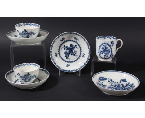 TWO WORCESTER TEA BOWLS AND SAUCERS, circa 1770, blue printed in the Fruit and Wreath pattern, hatched crescent marks, diamet