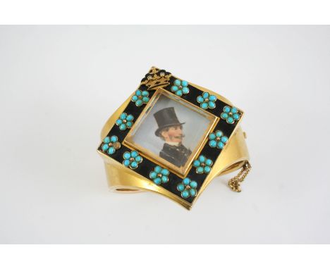 A VICTORIAN GOLD AND BLACK ENAMEL MEMORIAL BANGLE FOR MARQUESS CONYNGHAM the centre locket compartment with a miniature portr