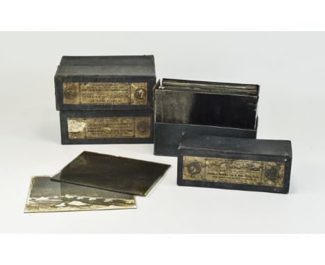 Victorian Arundel and Marshall 3 Boxes of Metal Grooved Glass Plates Boxes, Over 30 In Total. For a large Magic Lantern. Inte