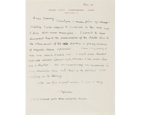 John (Augustus) Autograph Letter signed to Thomas Earp, 1 p., on paper headed Fryern Court, Fordingbridge, Hants., dated 'Dec