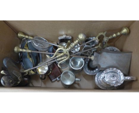 A collection of plated ware including teapot, flatware, pewter tankards, etc., and a brass companion set 