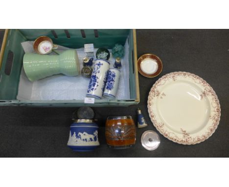 An Adams Tunstall Jasperware biscuit barrel, salt, pepper and mustard, a Copeland Spode Sydney circular platter, a M'dina pap