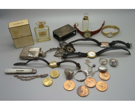 Silver rings, jewellery, a silver and mother of pearl fruit knife, silver locket, a Chanel perfume bottle, etc. 