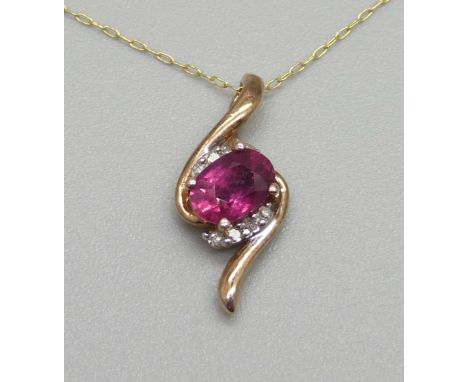 A 9ct gold, ruby and diamond pendant on chain, 1.2g 