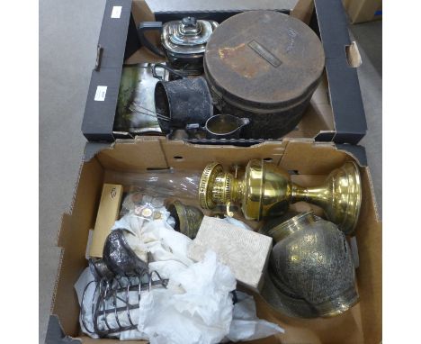 Two boxes of metal ware including a brass oil lamp **PLEASE NOTE THIS LOT IS NOT ELIGIBLE FOR POSTING AND PACKING** 