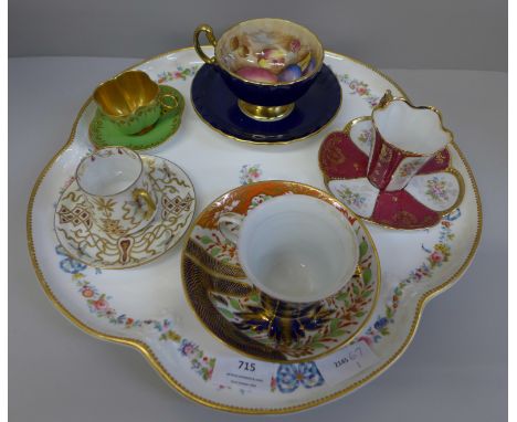 Five cabinet cups and saucers, Coalport, Aynsley, Limoges, etc., and a porcelain tray 