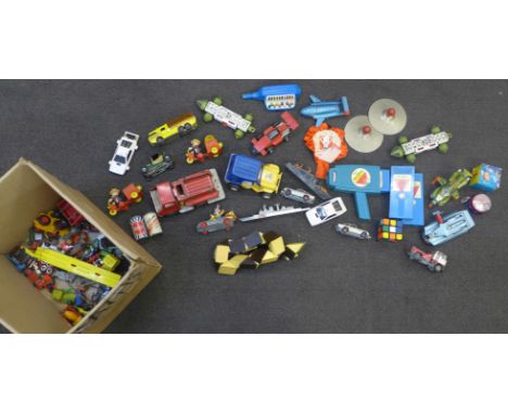 A collection of vintage model vehicles including Matchbox, Dinky and Corgi magic Roundabout, play worn, Mettoy Disney movie v