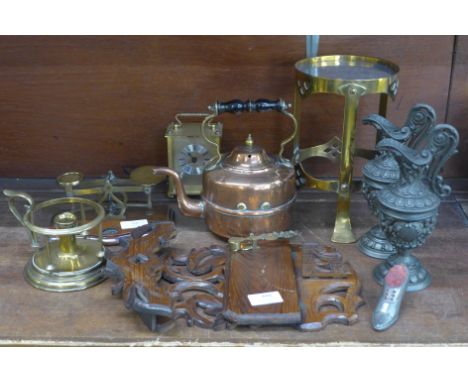 Metal ware including a small set of scales, a sovereign balance, a copper kettle, etc., and a carved wooden shelf bracket 