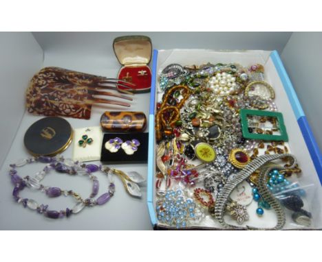 A collection of costume jewellery and other items including a compact 